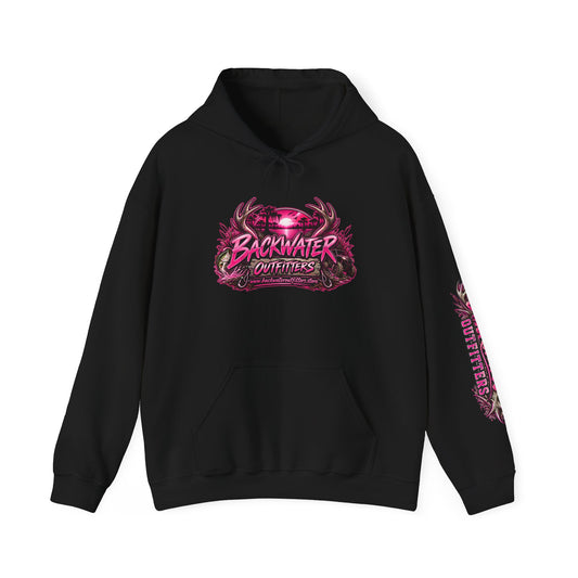 Girl Backwater Outfitters Neon Fishing Hoodie — Pink Retro Marsh Graphic Printify