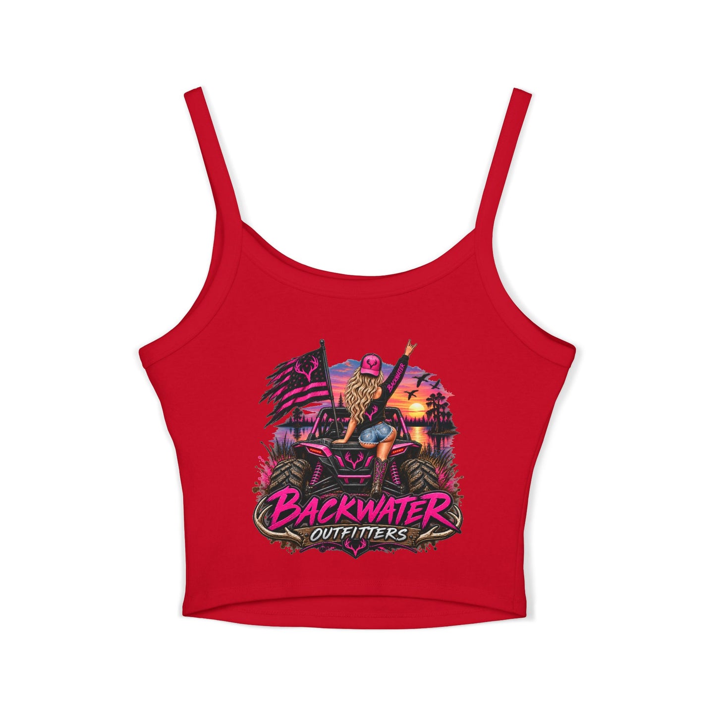 Backwater Outfitters Women's Crop Tank Top – Retro Sunset Fishing Graphic