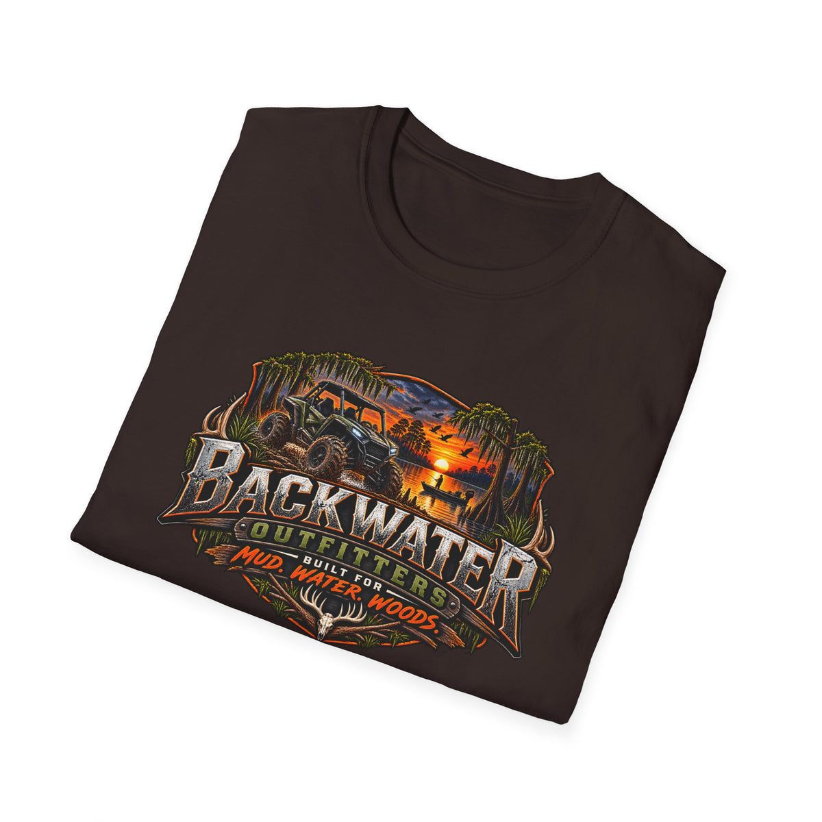 Backwater Outfitters Fishing T‑Shirt — "Raised on Backwater" Bass & Sunset Graphic Printify