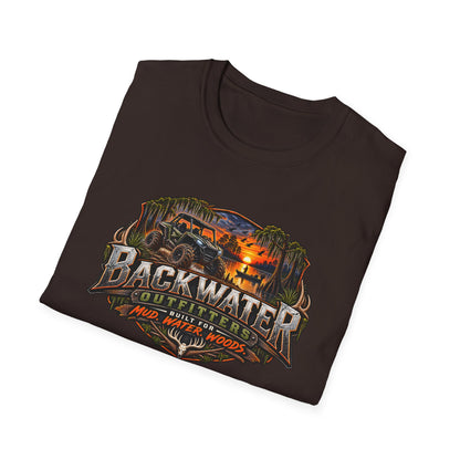 Backwater Outfitters Fishing T‑Shirt — "Raised on Backwater" Bass & Sunset Graphic Printify