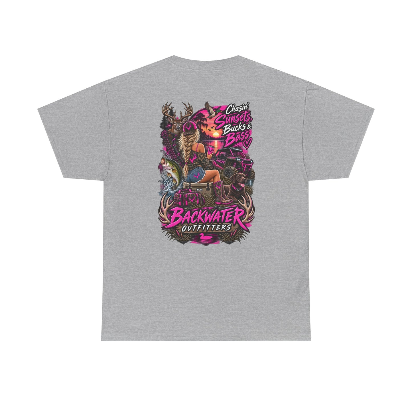 Backwater Outfitters Bass Fishing T‑Shirt — Sunset, Bucks & Bass Graphic Tee