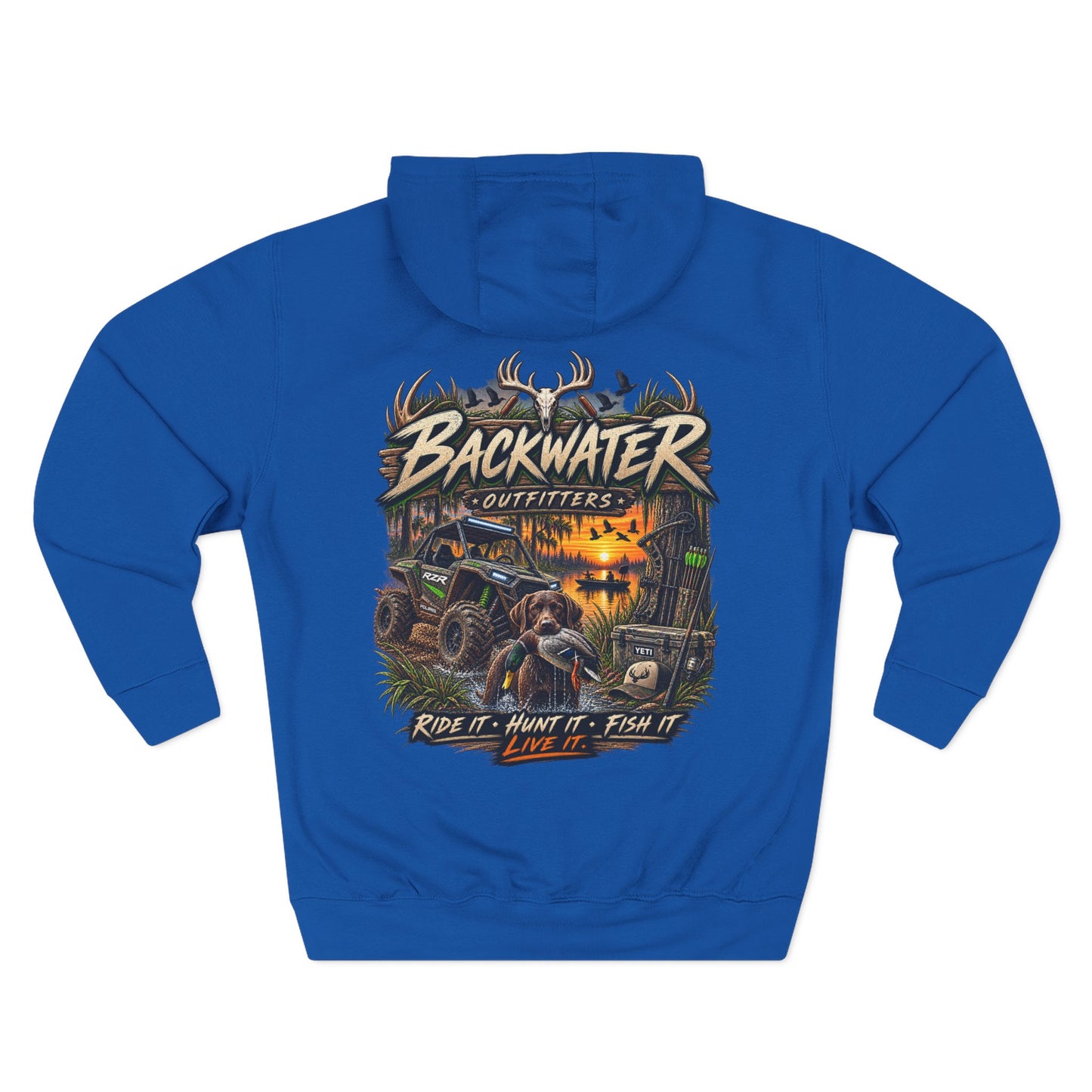 Backwater Outfitters Hoodie — Ride It, Hunt It, Fish It Graphic Pullover