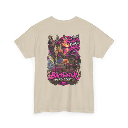 Backwater Outfitters Bass Fishing T‑Shirt — Sunset, Bucks & Bass Graphic Tee