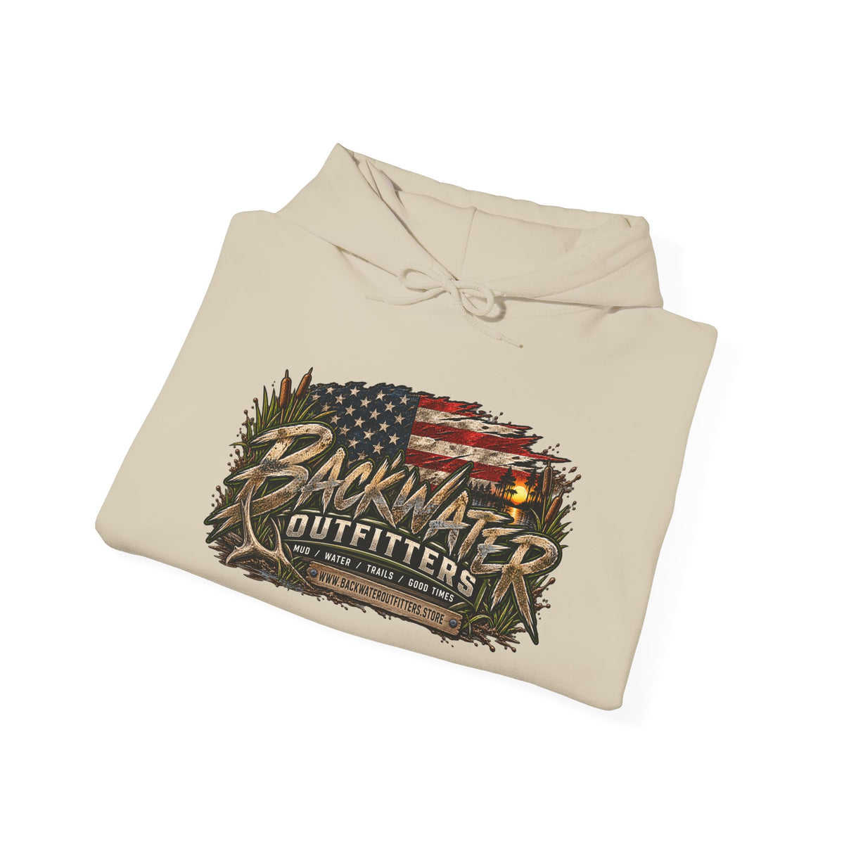 Backwater Outfitters Hoodie — American Flag Outdoor Fishing & Off-Road Pullover Printify