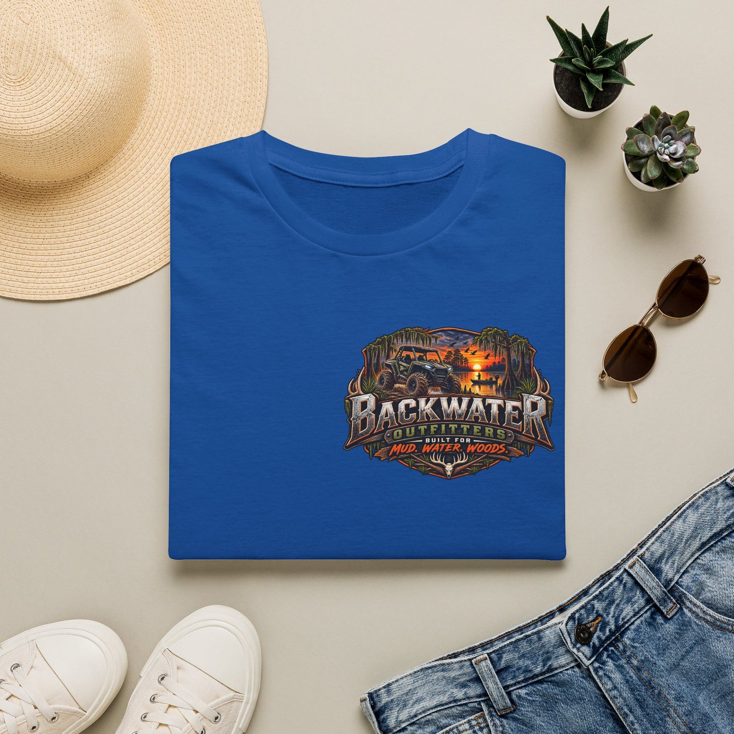 Backwater Outfitters Fishing T-Shirt — Retro Swamp Camp Logo