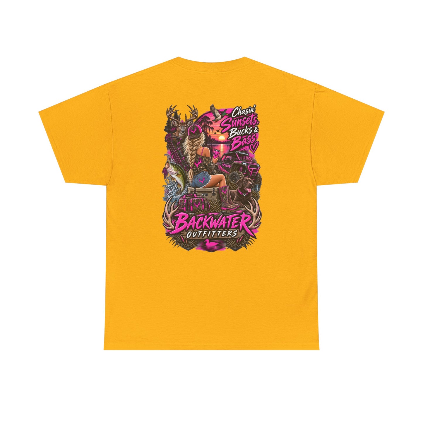Backwater Outfitters Bass Fishing T‑Shirt — Sunset, Bucks & Bass Graphic Tee