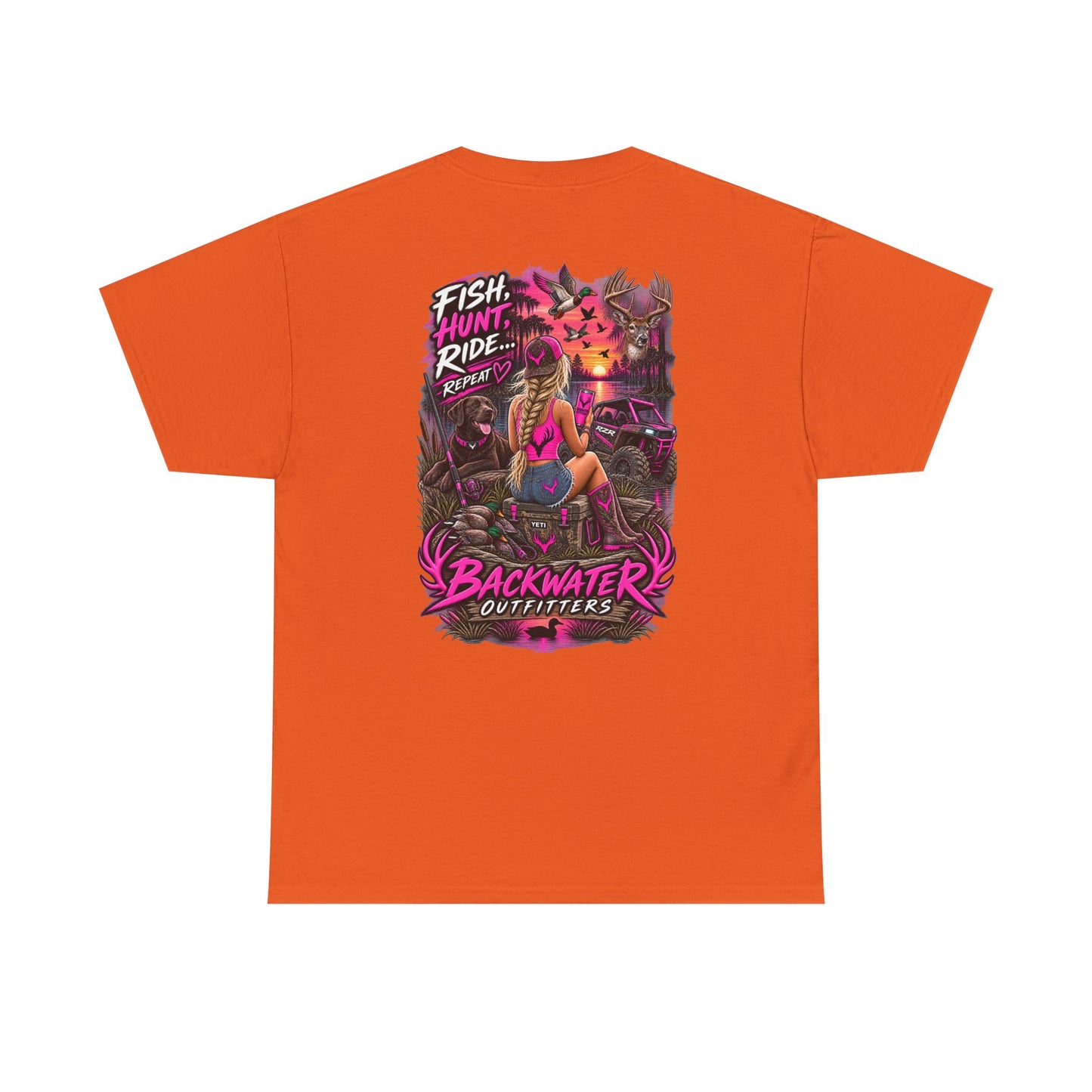 Backwater Outfitters Graphic Tee — "Fish Hunt Ride Repeat" Beach & Fishing Shirt