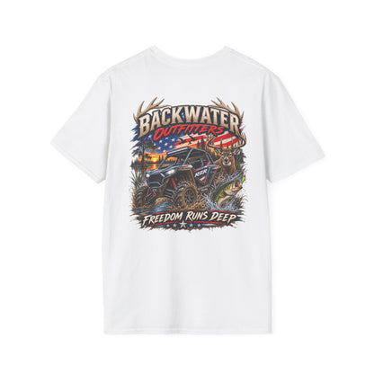 Backwater Outfitters Fishing T-Shirt — Rustic Boat & Campfire Graphic