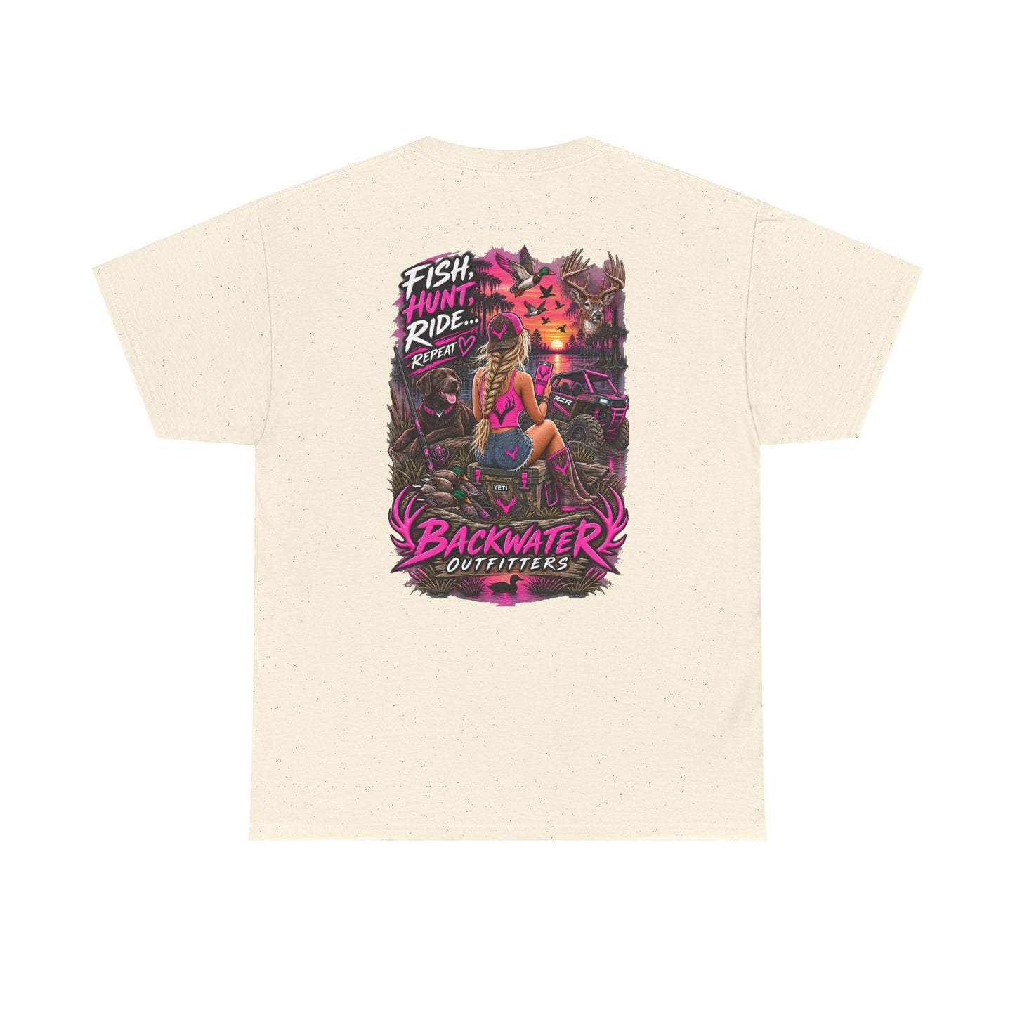 Backwater Outfitters Graphic Tee — "Fish Hunt Ride Repeat" Beach & Fishing Shirt