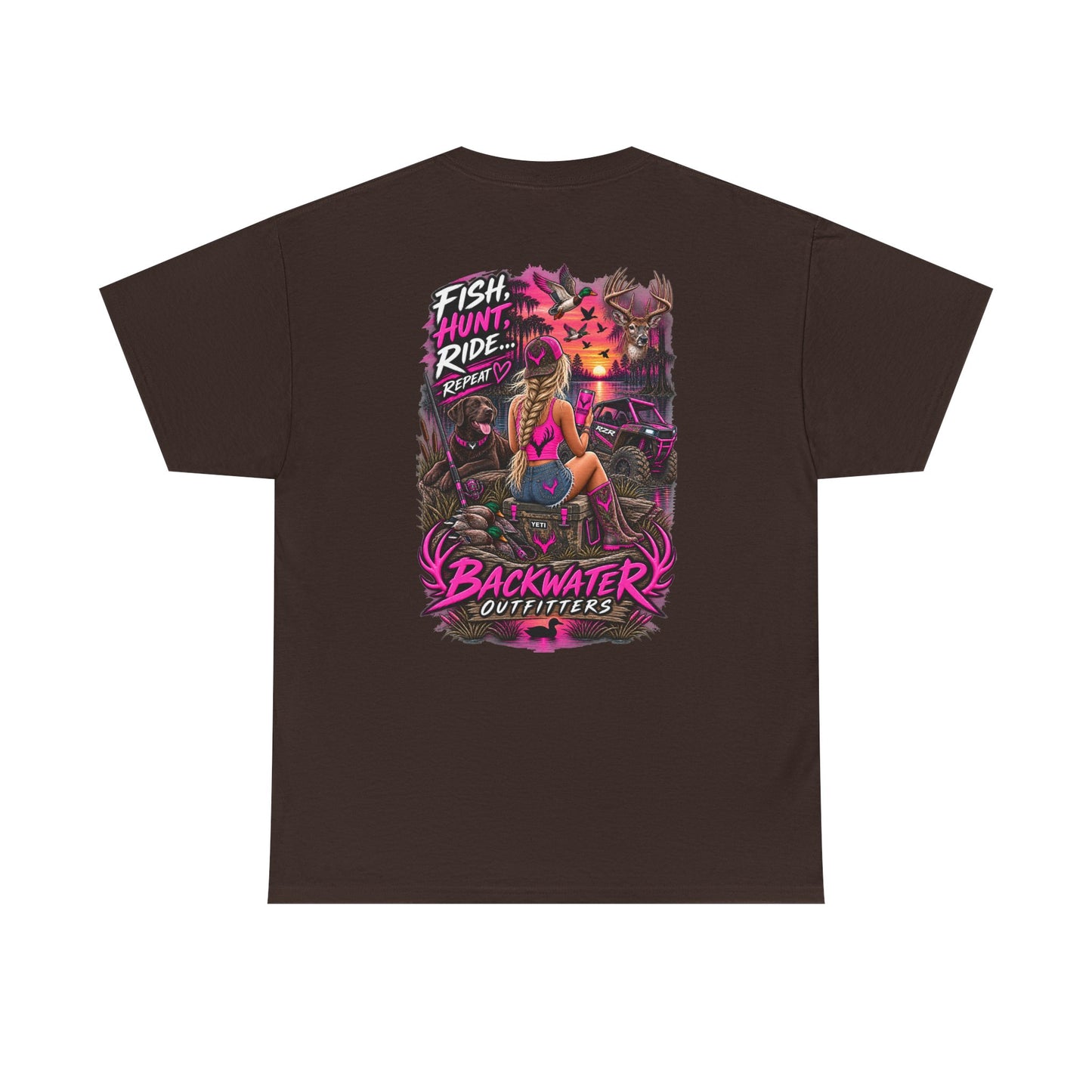 Backwater Outfitters Graphic Tee — "Fish Hunt Ride Repeat" Beach & Fishing Shirt