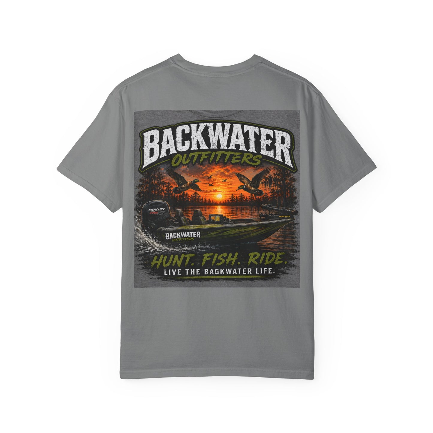 Backwater Outfitters T-Shirt — "Hunt. Fish. Ride." Outdoor Fishing & Hunting Tee