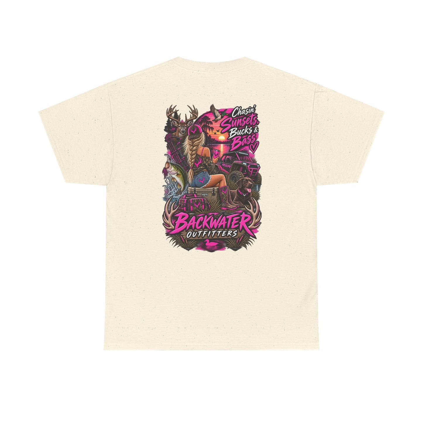 Backwater Outfitters Bass Fishing T‑Shirt — Sunset, Bucks & Bass Graphic Tee