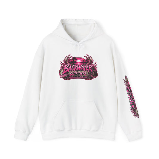 Girl Backwater Outfitters Graphic Hoodie — Retro Pink Skull & Swamp Logo Printify