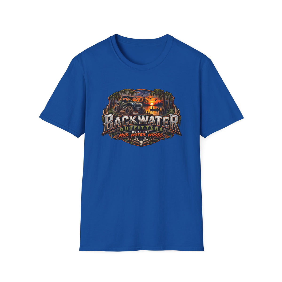 Backwater Outfitters Fishing T‑Shirt — "Raised on Backwater" Bass & Sunset Graphic Printify