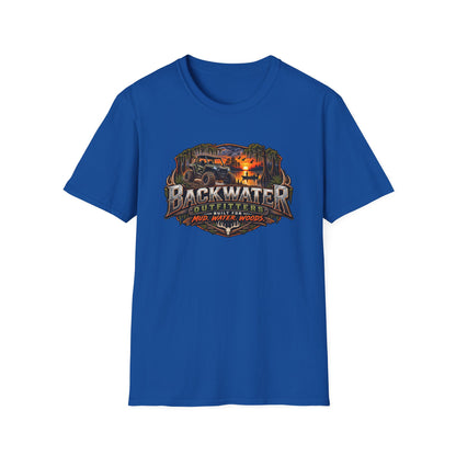 Backwater Outfitters Fishing T‑Shirt — "Raised on Backwater" Bass & Sunset Graphic Printify