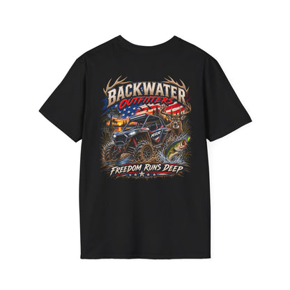 Backwater Outfitters Fishing T-Shirt — Rustic Boat & Campfire Graphic