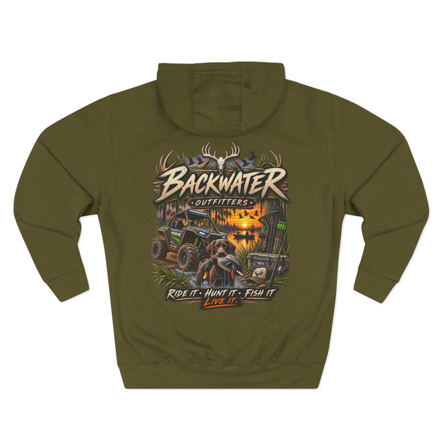 Backwater Outfitters Hoodie — Ride It, Hunt It, Fish It Graphic Pullover