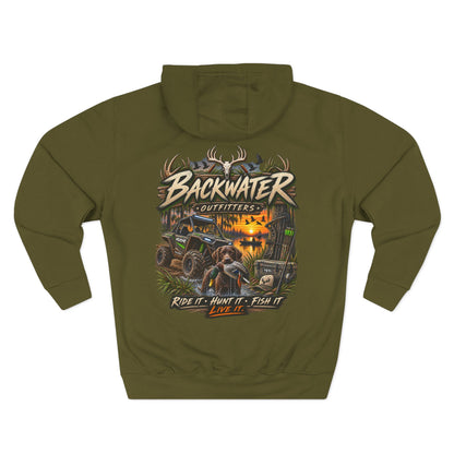 Backwater Outfitters Hoodie — Ride It, Hunt It, Fish It Graphic Pullover