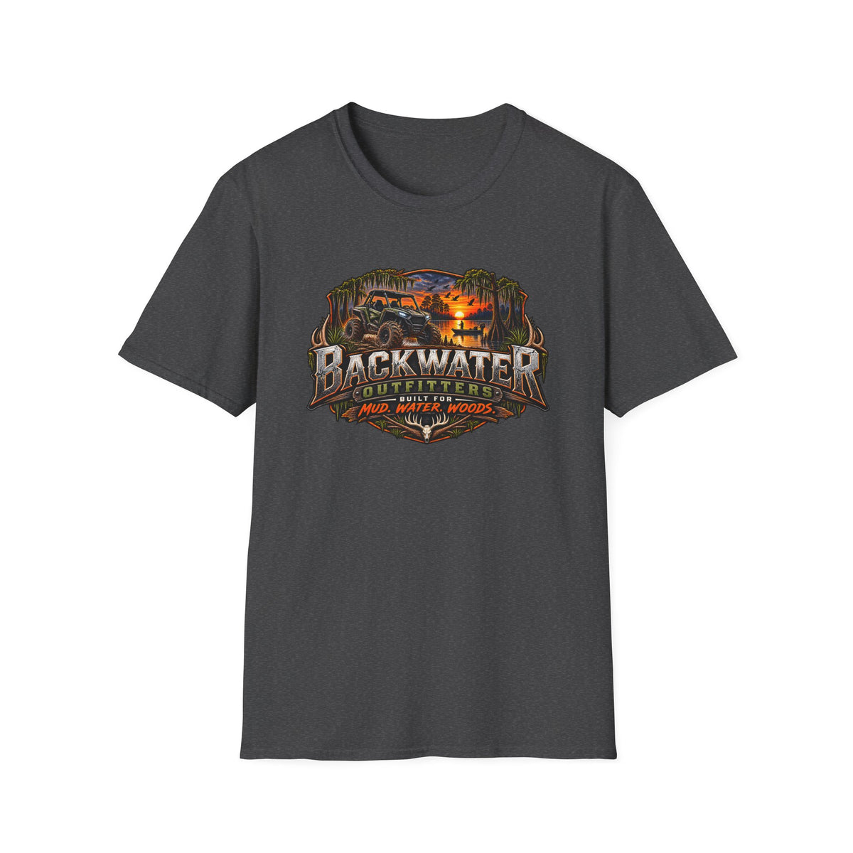 Backwater Outfitters Fishing T‑Shirt — "Raised on Backwater" Bass & Sunset Graphic Printify