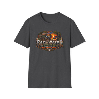 Backwater Outfitters Fishing T‑Shirt — "Raised on Backwater" Bass & Sunset Graphic Printify
