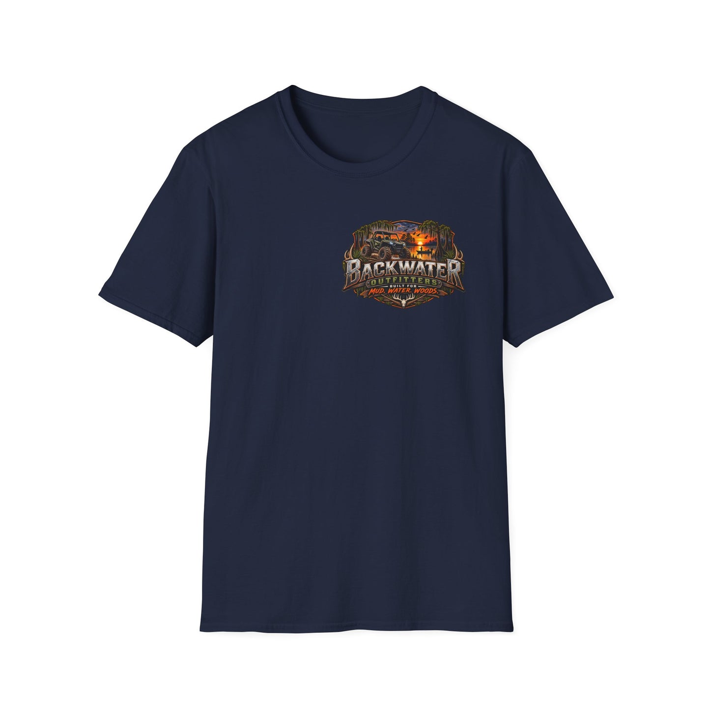 Backwater Outfitters Fishing T-Shirt — Rustic Boat & Campfire Graphic