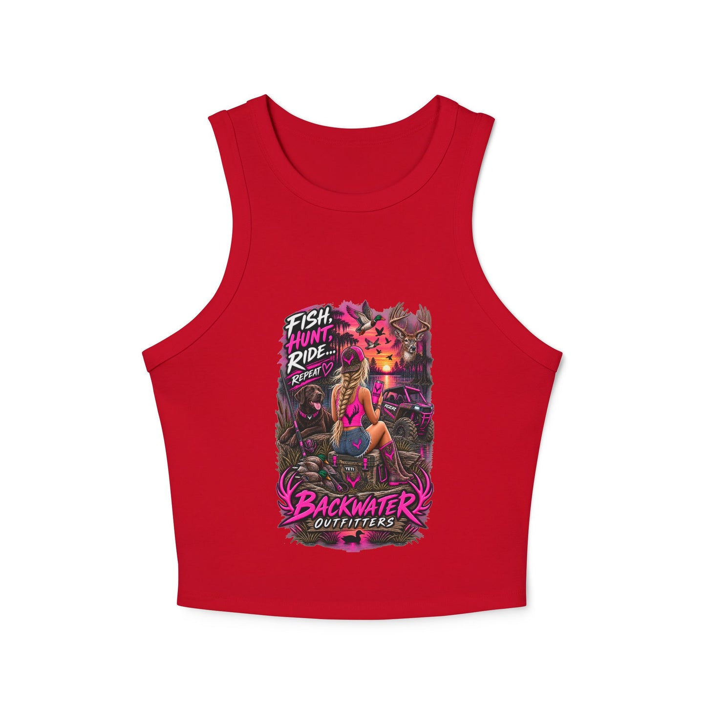 Backwater Outfitters Fish Hunt Ride Tank — Women's Graphic Racer Crop Top