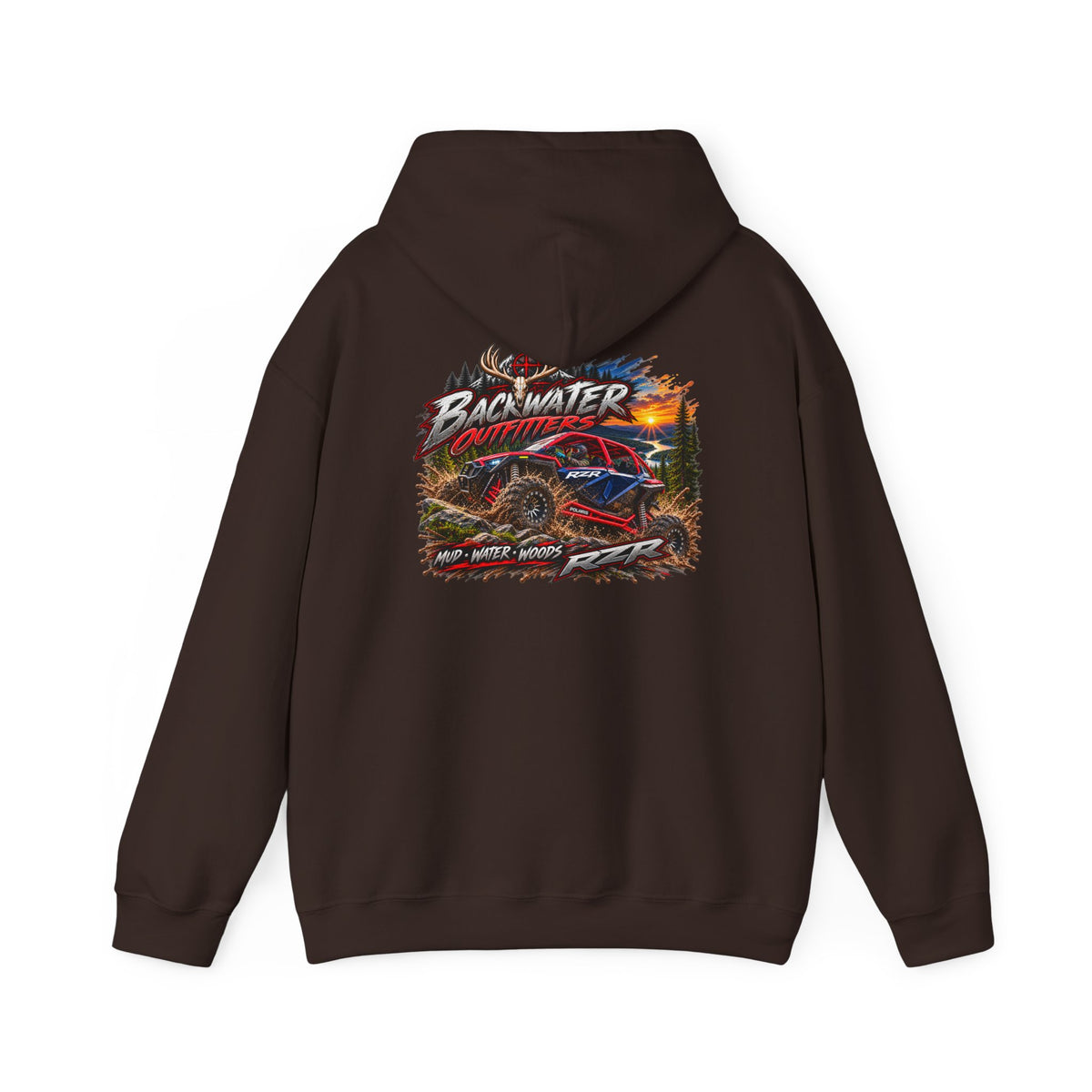 Backwater Outfitters Hoodie — American Flag Outdoor Fishing & Off-Road Pullover Printify