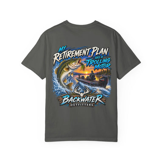 Fishing T-Shirt — "My Retirement Plan Has a Trolling Motor" Backwater Outfitters Printify
