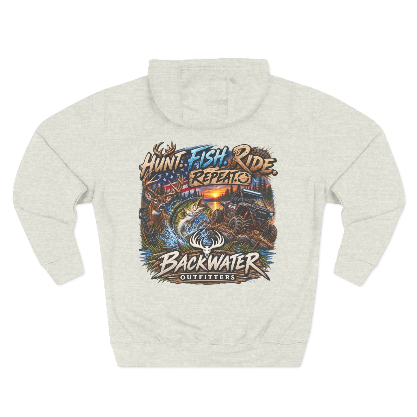 Backwater Outfitters Hoodie — "Hunt Fish Ride Repeat" Outdoor Graphic Pullover