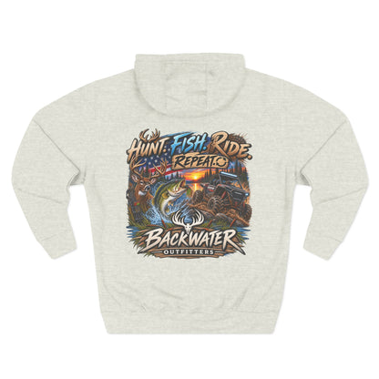 Backwater Outfitters Hoodie — "Hunt Fish Ride Repeat" Outdoor Graphic Pullover