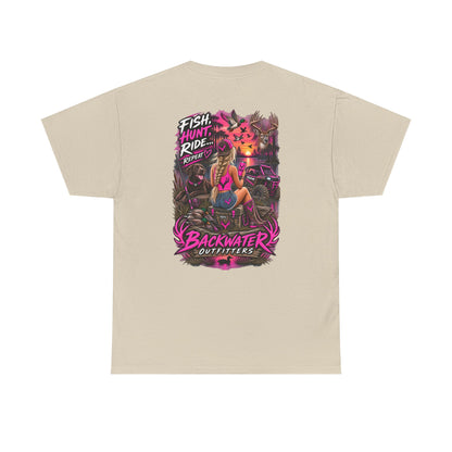 Backwater Outfitters Graphic Tee — "Fish Hunt Ride Repeat" Beach & Fishing Shirt