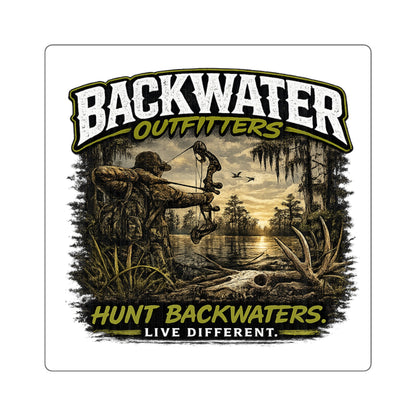 Backwater Outfitters Square Sticker — “Hunt Backwaters. Live Different.” Outdoor Hunting Decal