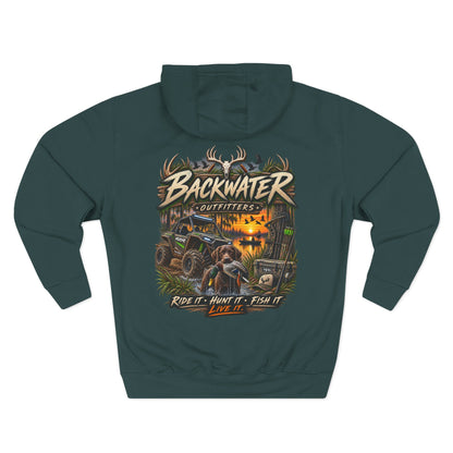 Backwater Outfitters Hoodie — Ride It, Hunt It, Fish It Graphic Pullover