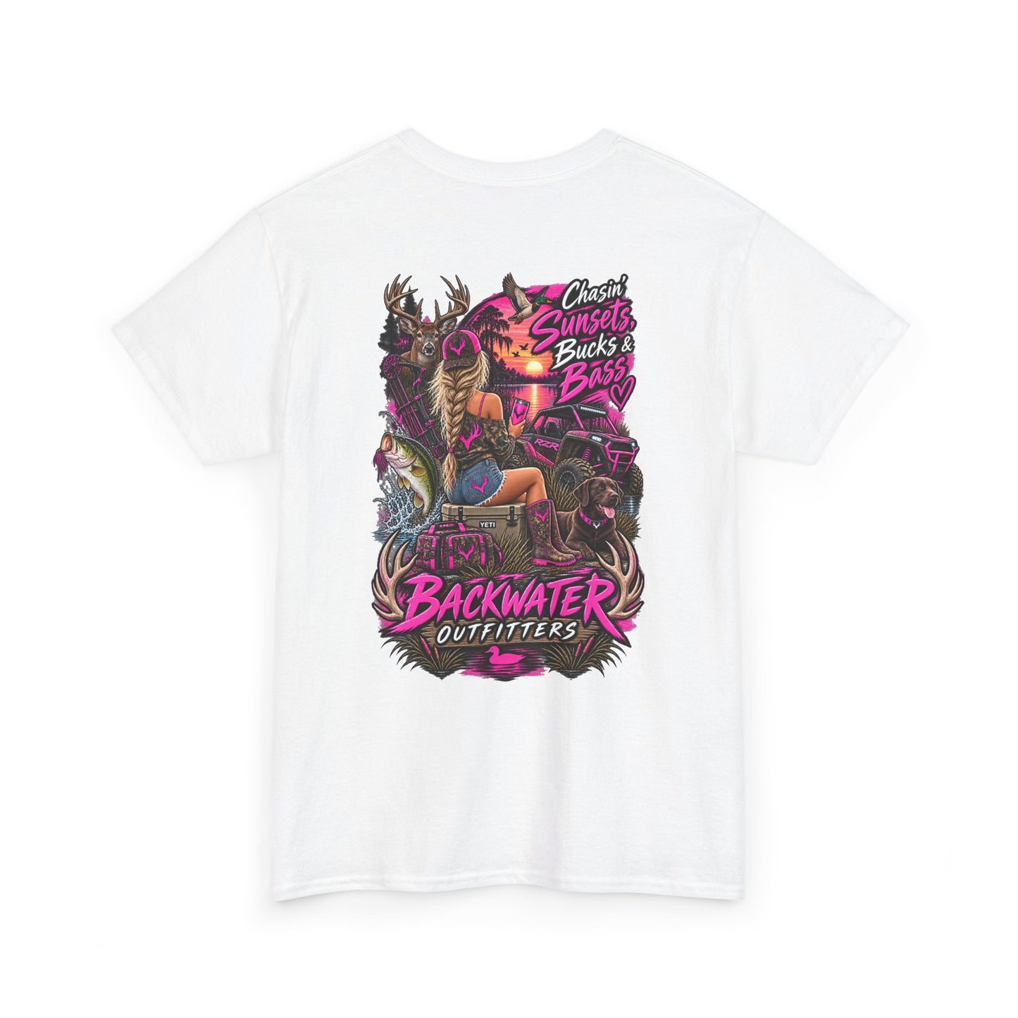 Backwater Outfitters Bass Fishing T‑Shirt — Sunset, Bucks & Bass Graphic Tee