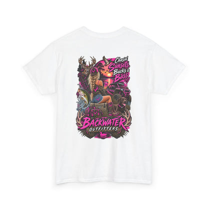 Backwater Outfitters Bass Fishing T‑Shirt — Sunset, Bucks & Bass Graphic Tee