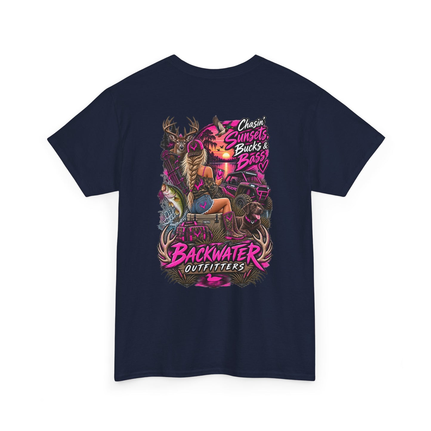 Backwater Outfitters Bass Fishing T‑Shirt — Sunset, Bucks & Bass Graphic Tee