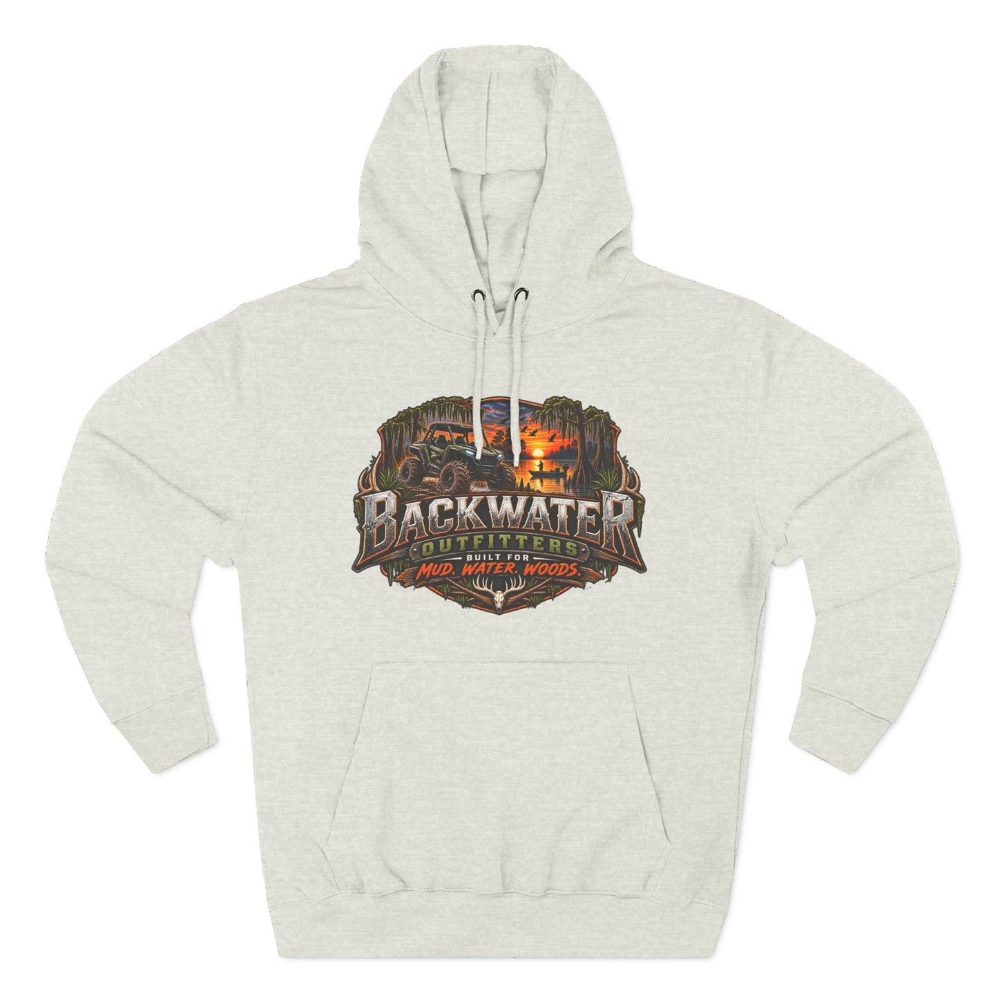 Backwater Outfitters Hoodie — "Hunt Fish Ride Repeat" Outdoor Graphic Pullover