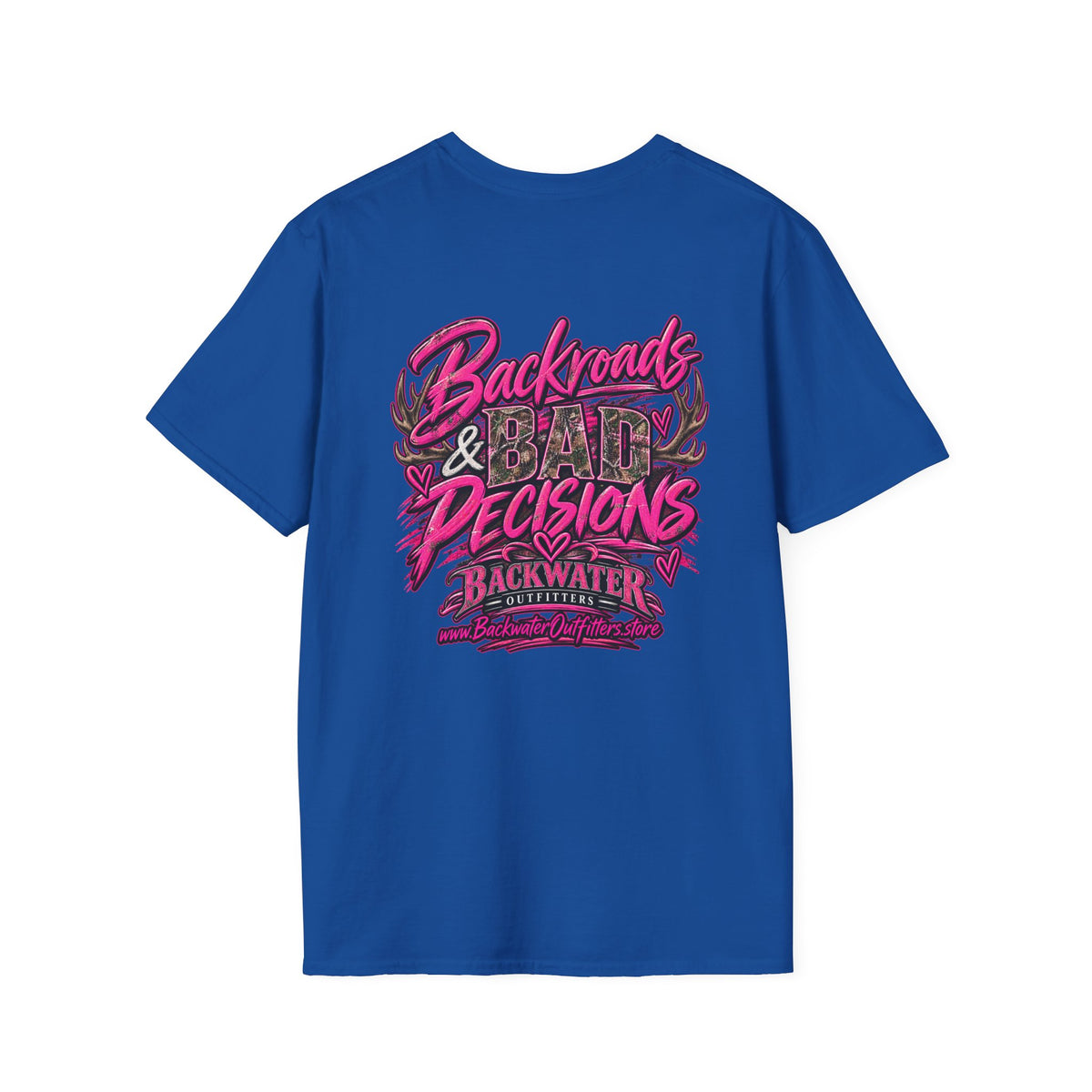 Women T-Shirt — "Backwater & Bad Decisions" Graphic Tee (Pink Palm Beach Vibes) Printify