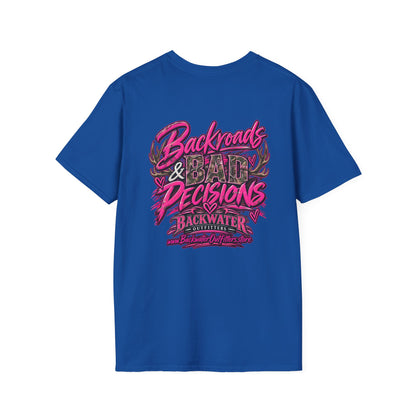Women T-Shirt — "Backwater & Bad Decisions" Graphic Tee (Pink Palm Beach Vibes) Printify