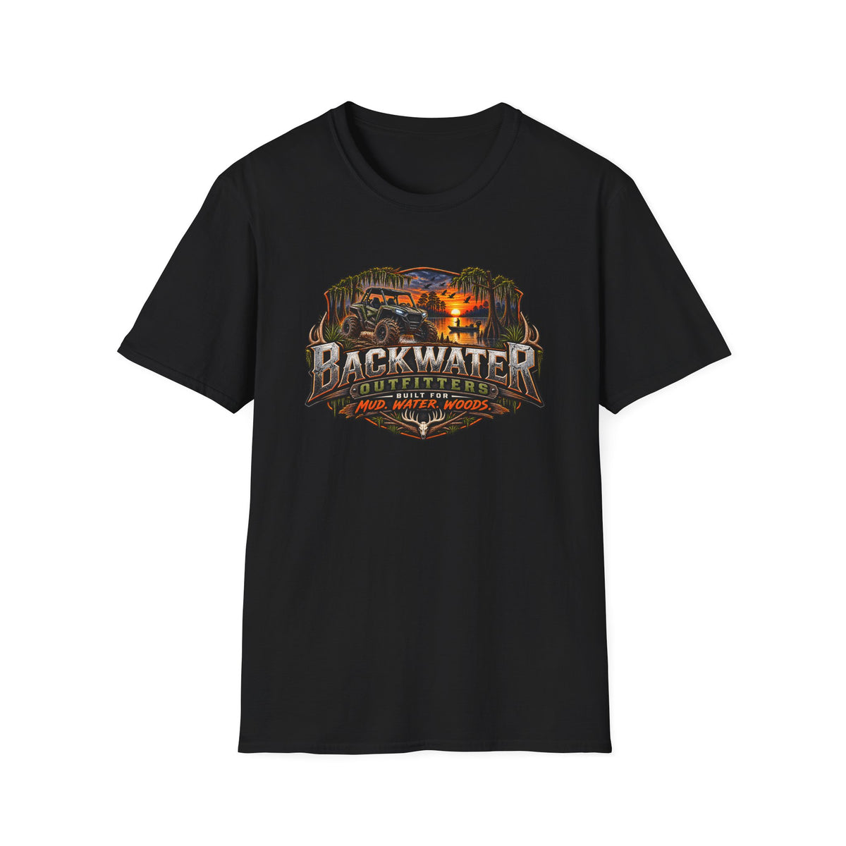 Backwater Outfitters Fishing T‑Shirt — "Raised on Backwater" Bass & Sunset Graphic Printify