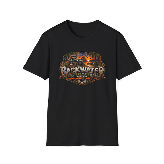 Backwater Outfitters Fishing T‑Shirt — "Raised on Backwater" Bass & Sunset Graphic Printify