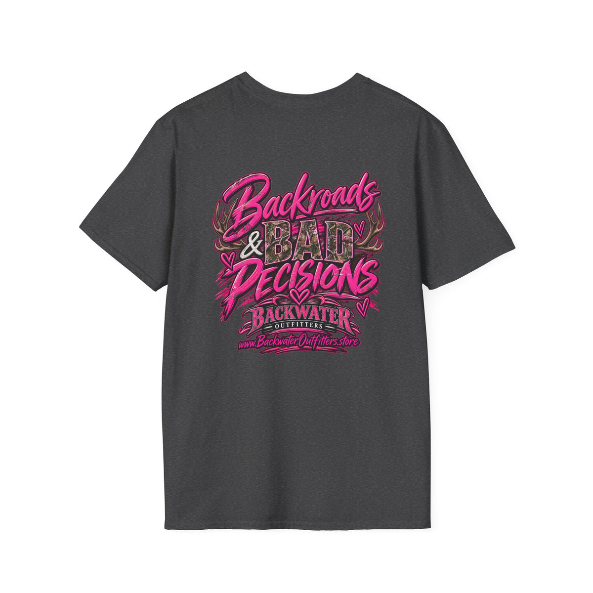 Women T-Shirt — "Backwater & Bad Decisions" Graphic Tee (Pink Palm Beach Vibes) Printify