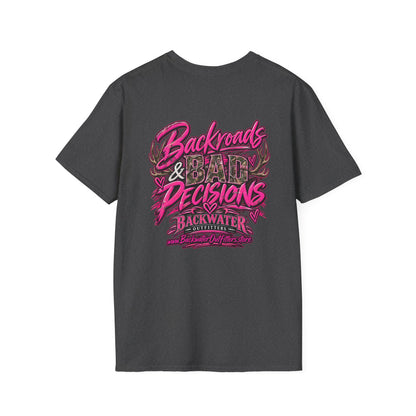 Women T-Shirt — "Backwater & Bad Decisions" Graphic Tee (Pink Palm Beach Vibes) Printify