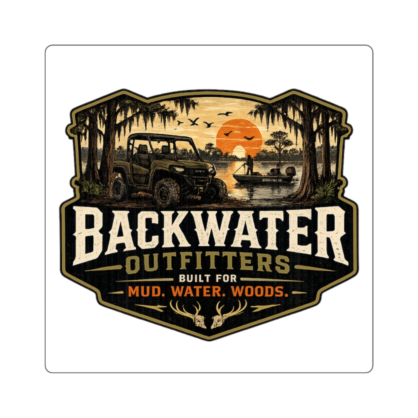 Backwater Outfitters Square Sticker — Mud, Water, Woods Outdoor Adventure Decal