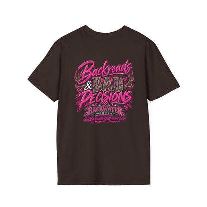 Women T-Shirt — "Backwater & Bad Decisions" Graphic Tee (Pink Palm Beach Vibes) Printify