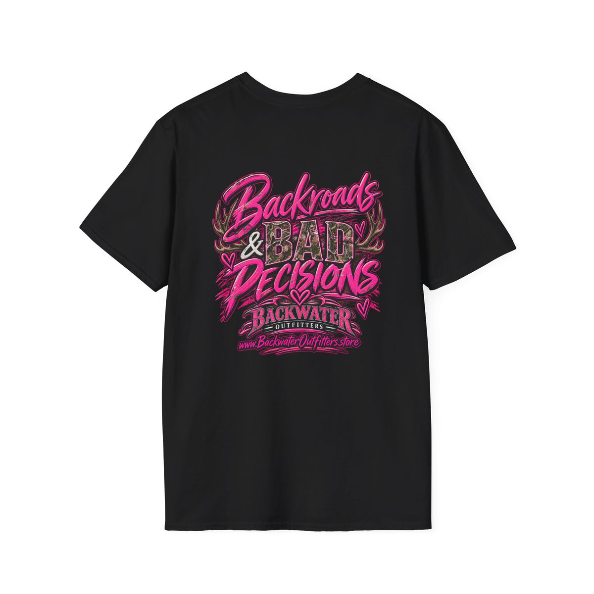 Women T-Shirt — "Backwater & Bad Decisions" Graphic Tee (Pink Palm Beach Vibes) Printify