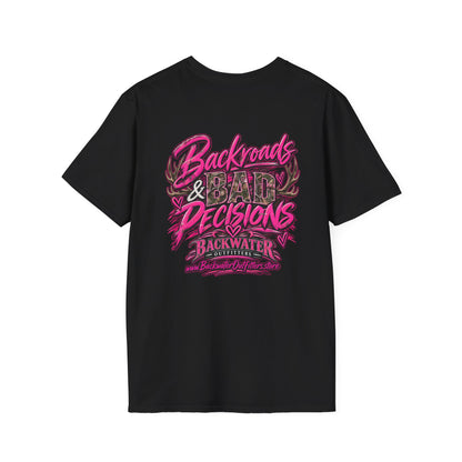 Women T-Shirt — "Backwater & Bad Decisions" Graphic Tee (Pink Palm Beach Vibes) Printify