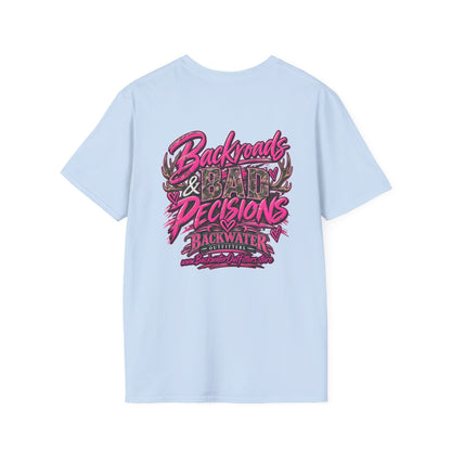 Women T-Shirt — "Backwater & Bad Decisions" Graphic Tee (Pink Palm Beach Vibes) Printify