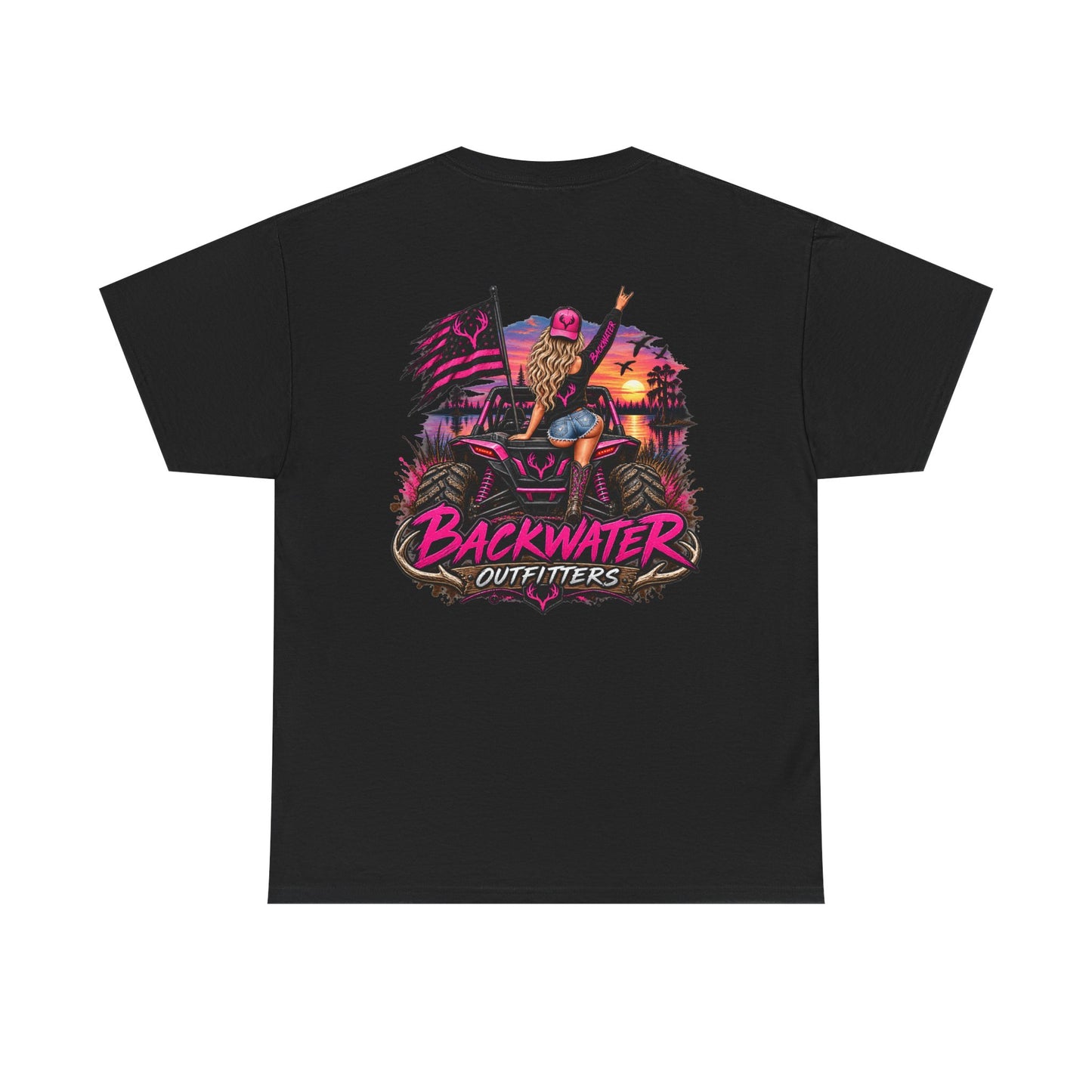Backwater Outfitters Graphic Tee — Retro Sunset Fishing ATV Shirt