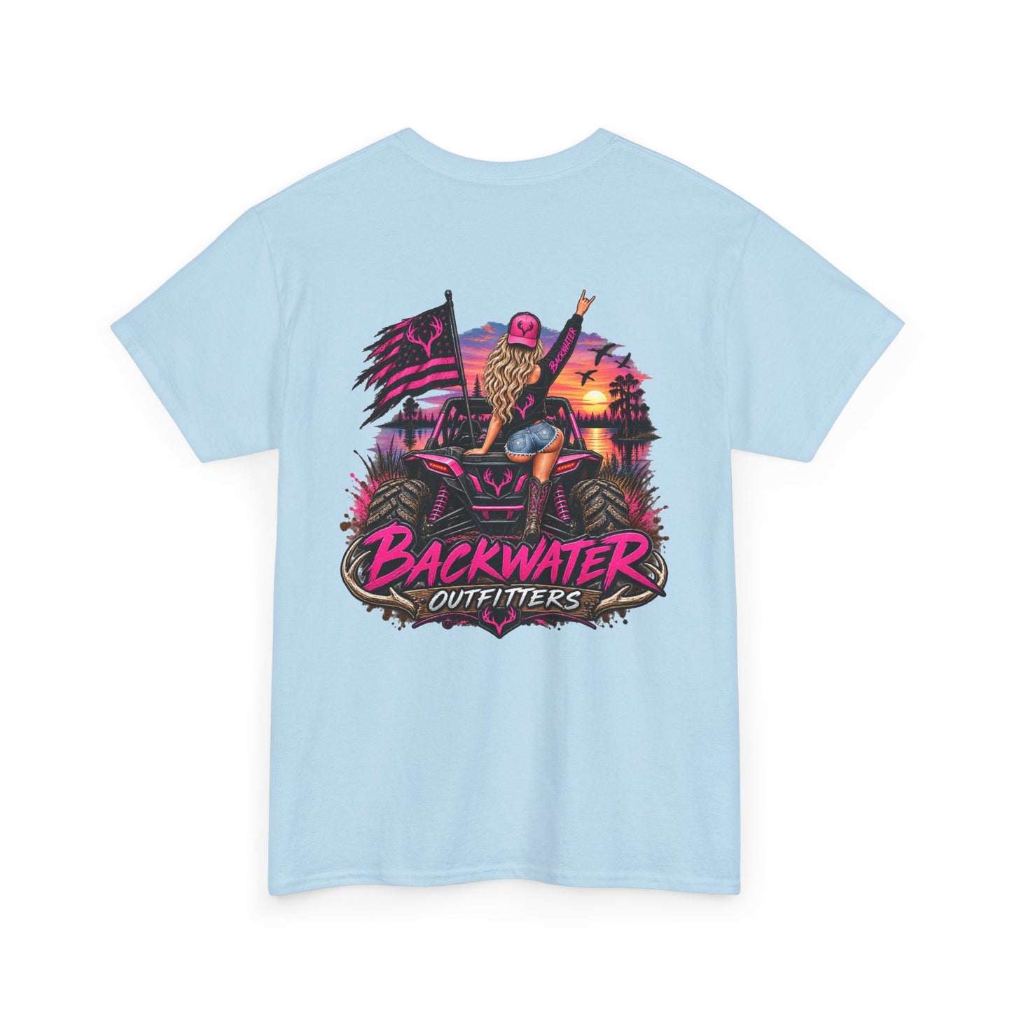 Backwater Outfitters Graphic Tee — Retro Sunset Fishing ATV Shirt